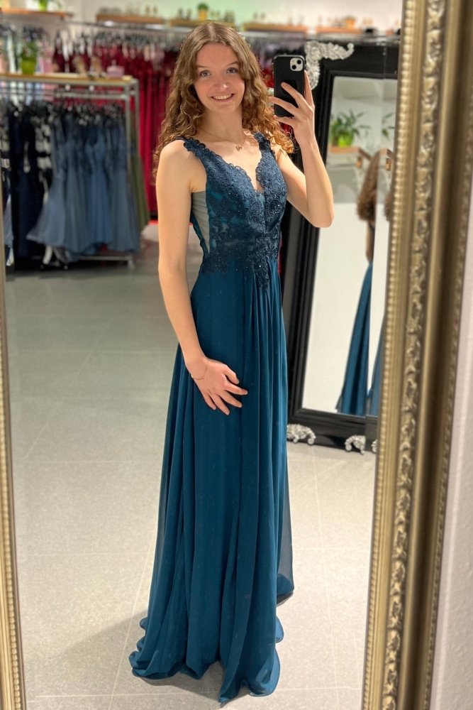 Abendkleid mit Spitzenoberteil, V - Ausschnitt & Schlitz, petrol - Dein Kleiderladen
