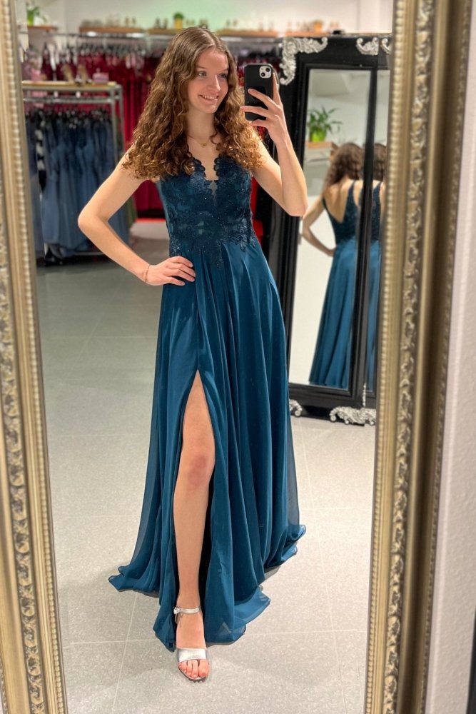 Abendkleid mit Spitzenoberteil, V - Ausschnitt & Schlitz, petrol - Dein Kleiderladen