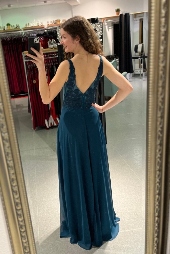 Abendkleid mit Spitzenoberteil, V - Ausschnitt & Schlitz, petrol - Dein Kleiderladen