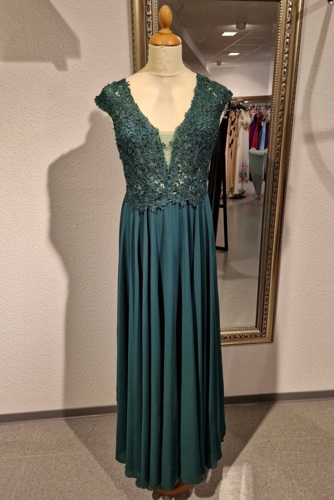 Ballkleid mit breiten Trägern und funkelnder Spitze, dunkelgrün - Dein Kleiderladen