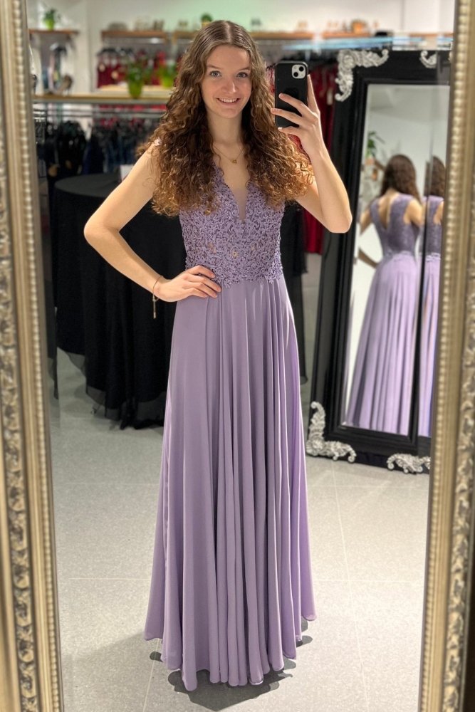 Ballkleid mit breiten Trägern und funkelnder Spitze, flieder - Dein Kleiderladen