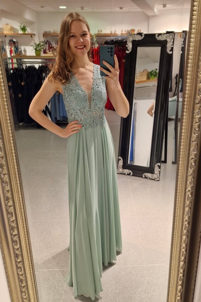 Ballkleid mit breiten Trägern und funkelnder Spitze, hellgrün - Dein Kleiderladen