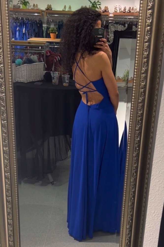 Ballkleid mit Schlitz und tiefer Schnürung, königsblau - Dein Kleiderladen