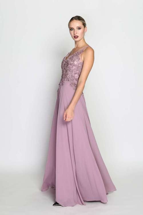 Bodenlanges Kleid mit floraler Spitze, altrosa - Dein Kleiderladen