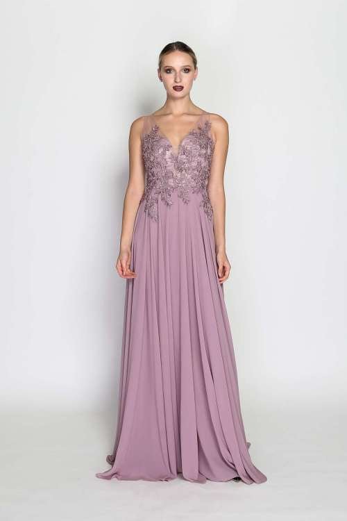 Bodenlanges Kleid mit floraler Spitze, altrosa - Dein Kleiderladen