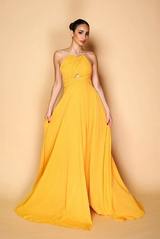 hochgeschlossenes Ballkleid mit Schnürung und Schlitz, gelb - Dein Kleiderladen