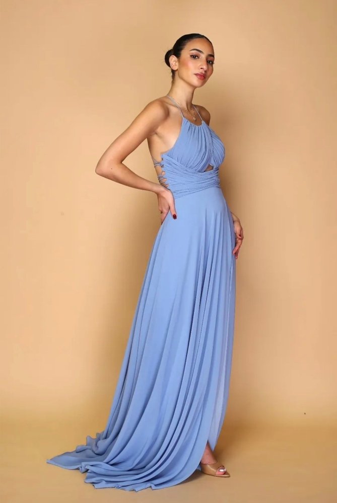 hochgeschlossenes Ballkleid mit Schnürung und Schlitz, graublau - Dein Kleiderladen