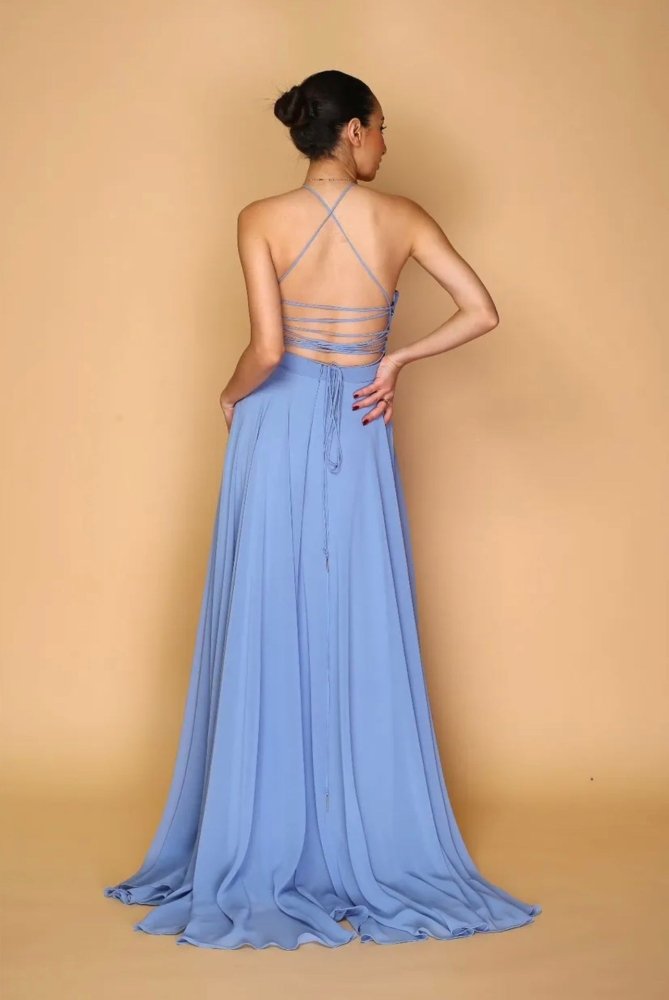 hochgeschlossenes Ballkleid mit Schnürung und Schlitz, graublau - Dein Kleiderladen