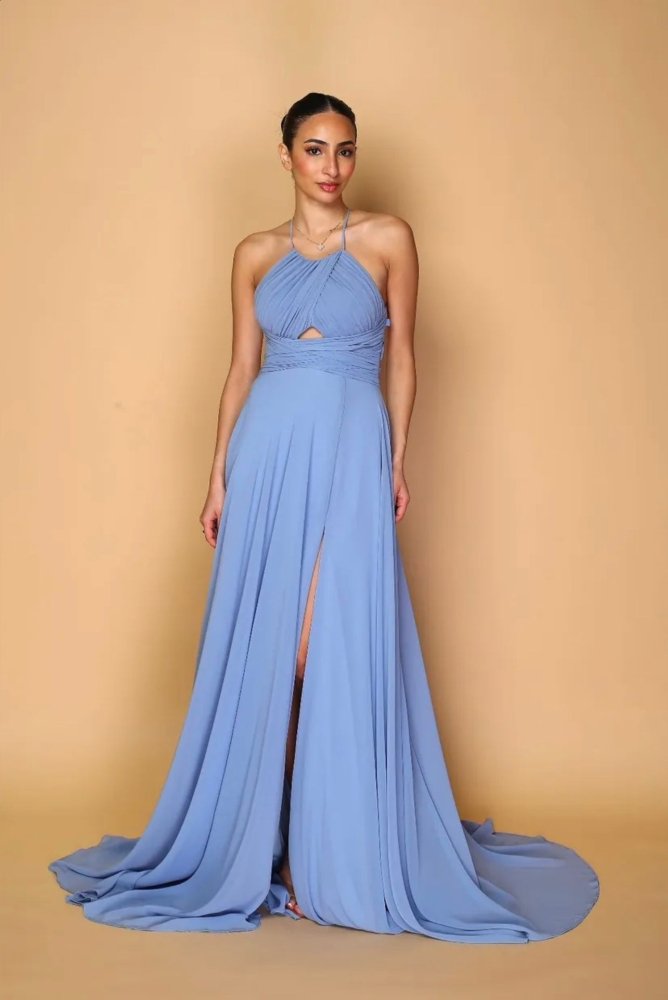 hochgeschlossenes Ballkleid mit Schnürung und Schlitz, graublau - Dein Kleiderladen