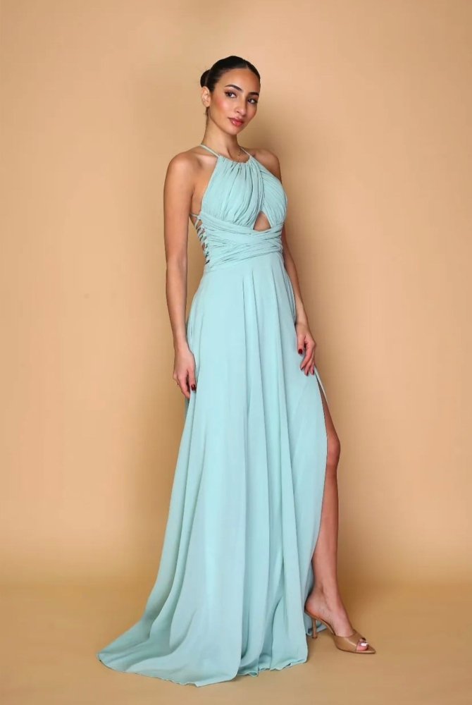 hochgeschlossenes Ballkleid mit Schnürung und Schlitz, mint - Dein Kleiderladen