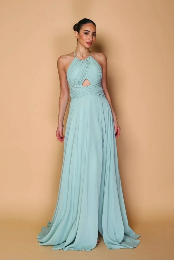 hochgeschlossenes Ballkleid mit Schnürung und Schlitz, mint - Dein Kleiderladen