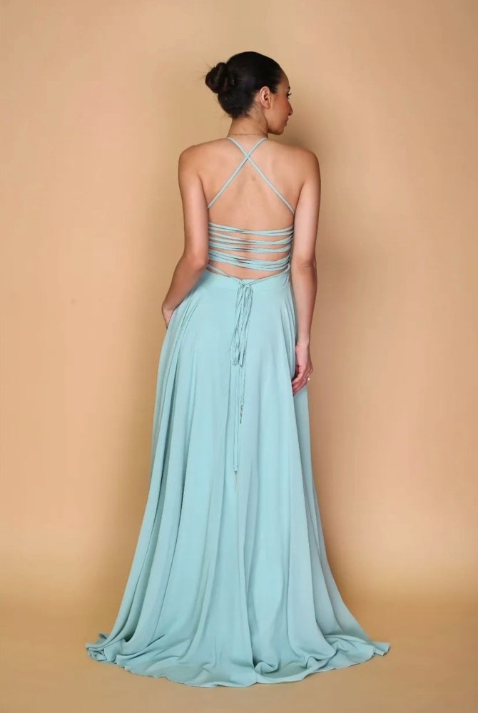 hochgeschlossenes Ballkleid mit Schnürung und Schlitz, mint - Dein Kleiderladen