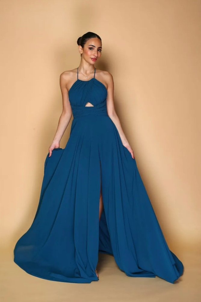 hochgeschlossenes Ballkleid mit Schnürung und Schlitz, petrol - Dein Kleiderladen