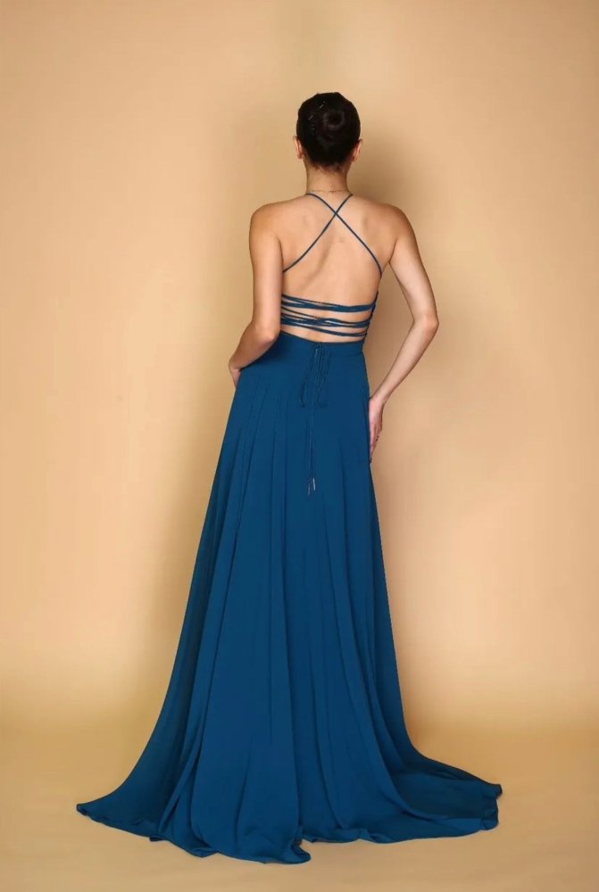 hochgeschlossenes Ballkleid mit Schnürung und Schlitz, petrol - Dein Kleiderladen