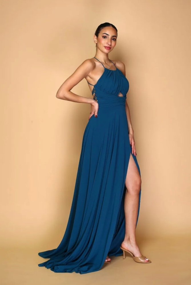 hochgeschlossenes Ballkleid mit Schnürung und Schlitz, petrol - Dein Kleiderladen