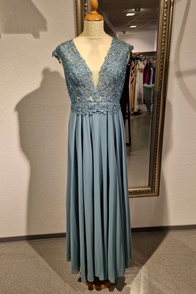Ballkleid mit breiten Trägern und funkelnder Spitze, hellblau - Dein Kleiderladen