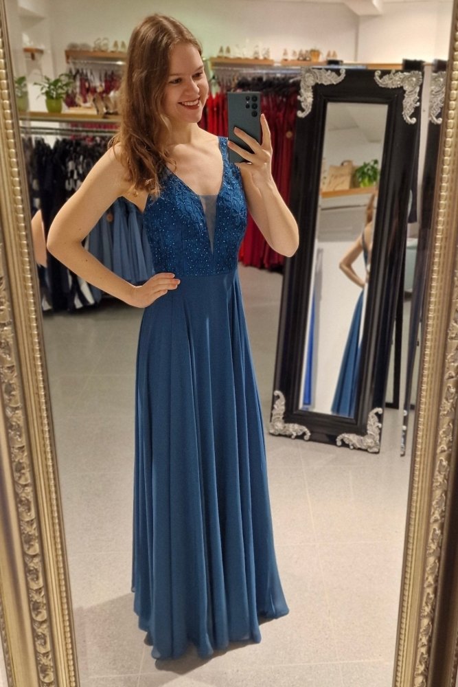 Langes Kleid mit floraler Spitze, petrol - Dein Kleiderladen
