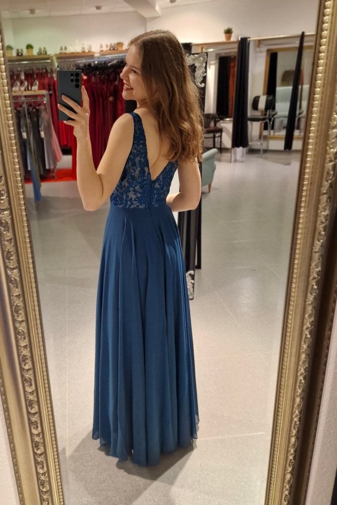 Langes Kleid mit floraler Spitze, petrol - Dein Kleiderladen