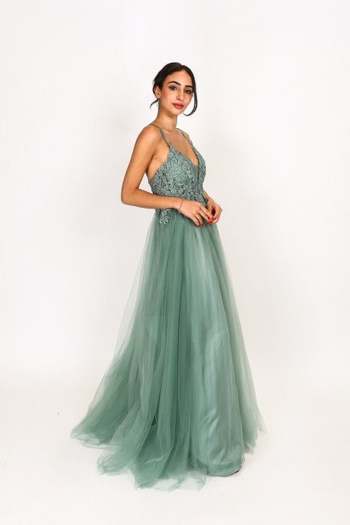Langes Tüllkleid mit funkelnder Spitze und Schlitz, mint - Dein Kleiderladen