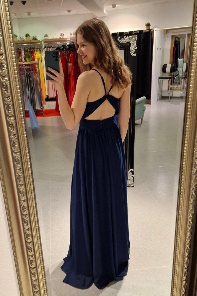 Schlichtes Abendkleid mit Raffungen und V-Ausschnitt, dunkelblau - Dein Kleiderladen