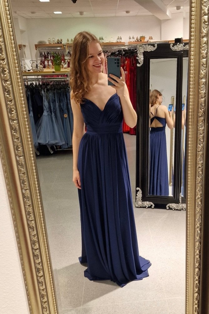 Schlichtes Abendkleid mit Raffungen und V-Ausschnitt, dunkelblau - Dein Kleiderladen